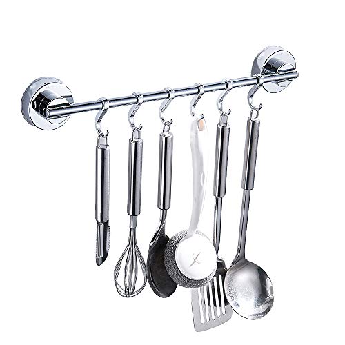 Comficent Perchero de acero inoxidable para colgar utensilios de cocina baño con 6 ganchos de ventosa al vacío soporte de pared herramienta (A)