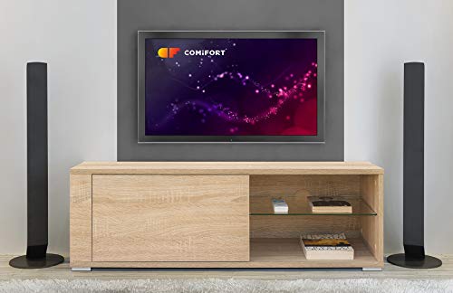 COMIFORT Mueble de TV - Mesa de Salón Moderno, Puerta con Sistema Click, Estante de Cristal Templado, Muy Resistente, Fabricado en Europa, Color Roble