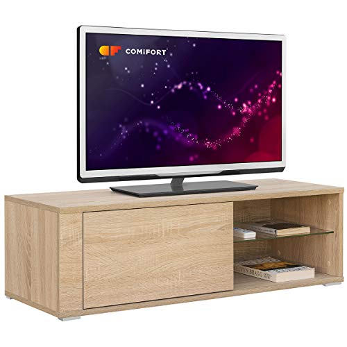 COMIFORT Mueble de TV - Mesa de Salón Moderno, Puerta con Sistema Click, Estante de Cristal Templado, Muy Resistente, Fabricado en Europa, Color Roble