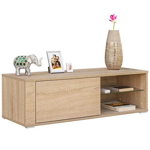 COMIFORT Mueble de TV - Mesa de Salón Moderno, Puerta con Sistema Click, Estante de Cristal Templado, Muy Resistente, Fabricado en Europa, Color Roble