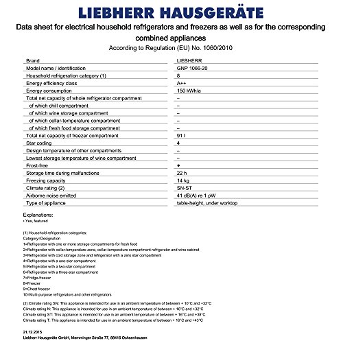 Congelador Vertical - Liebherr GNP 1066, Capacidad total 91 L, A++, 3 cajones, Blanco