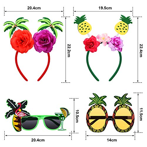 Conjunto de 4 Piezas Diadema y Gafas de Sol de Fiesta Hawaiana Incluye Gafas de Sol Tropicales de Verano Diademas de Fiestas Hawaianas con Diseño de Palmera y Piña