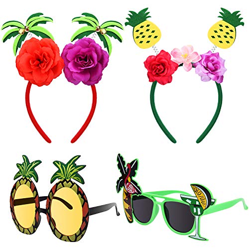 Conjunto de 4 Piezas Diadema y Gafas de Sol de Fiesta Hawaiana Incluye Gafas de Sol Tropicales de Verano Diademas de Fiestas Hawaianas con Diseño de Palmera y Piña