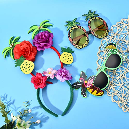 Conjunto de 4 Piezas Diadema y Gafas de Sol de Fiesta Hawaiana Incluye Gafas de Sol Tropicales de Verano Diademas de Fiestas Hawaianas con Diseño de Palmera y Piña