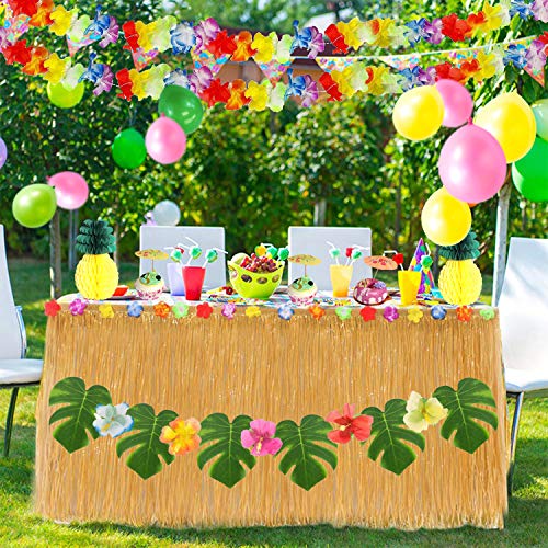 Conjunto de decoraciones de fiesta hawaianas, conjunto de falda de mesa de hierba hawaiana de Luau, hojas de palma, flores hawaianas, sombrillas multicolores, piñas de papel y pajitas de frutas 3D