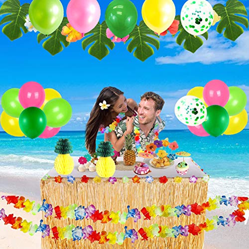 Conjunto de decoraciones de fiesta hawaianas, conjunto de falda de mesa de hierba hawaiana de Luau, hojas de palma, flores hawaianas, sombrillas multicolores, piñas de papel y pajitas de frutas 3D