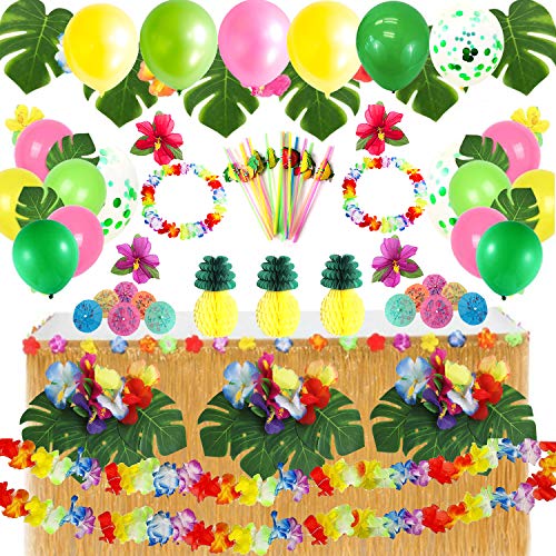 Conjunto de decoraciones de fiesta hawaianas, conjunto de falda de mesa de hierba hawaiana de Luau, hojas de palma, flores hawaianas, sombrillas multicolores, piñas de papel y pajitas de frutas 3D