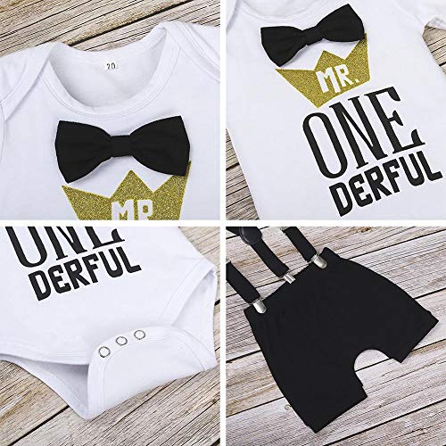 Conjunto de traje formal para recién nacido para niños y bebés de 1er cumpleaños, para tarta, traje de primera, mono, corbatín, moño, moño, bailarinas, etc. Negro Negro (mr One Derful) 18 meses