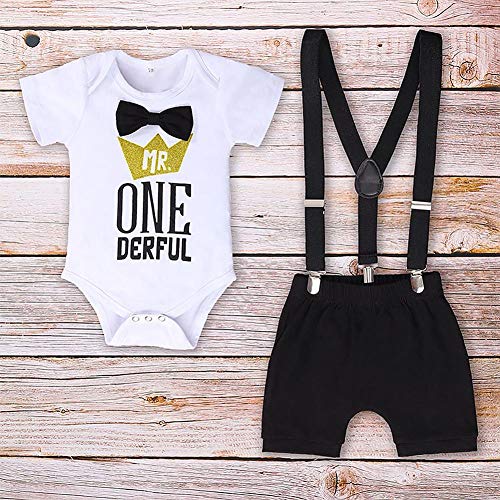 Conjunto de traje formal para recién nacido para niños y bebés de 1er cumpleaños, para tarta, traje de primera, mono, corbatín, moño, moño, bailarinas, etc. Negro Negro (mr One Derful) 18 meses