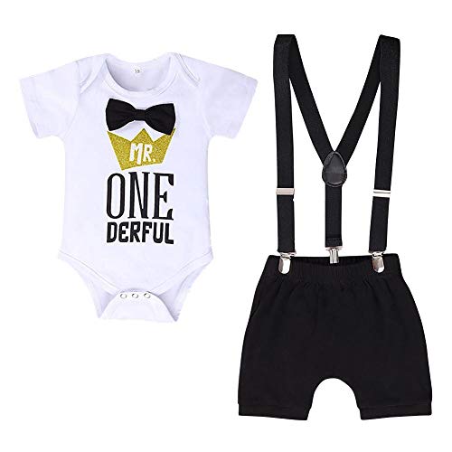 Conjunto de traje formal para recién nacido para niños y bebés de 1er cumpleaños, para tarta, traje de primera, mono, corbatín, moño, moño, bailarinas, etc. Negro Negro (mr One Derful) 18 meses