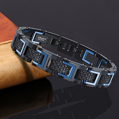 COOLMAN Pulsera de Hombre Brazalete de Acero Inoxidable 316L con Enlace de Extensión, Tamaño Ajustable 20-22 cm, Serie RacingLegend (Azul)