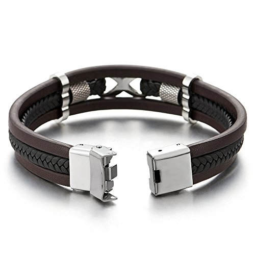 COOLSTEELANDBEYOND Tres Filas Amor Infinito Número 8 Entretejido Marrón Negro Trenzado Cuero Pulsera Brazalete de Hombre de Mujer