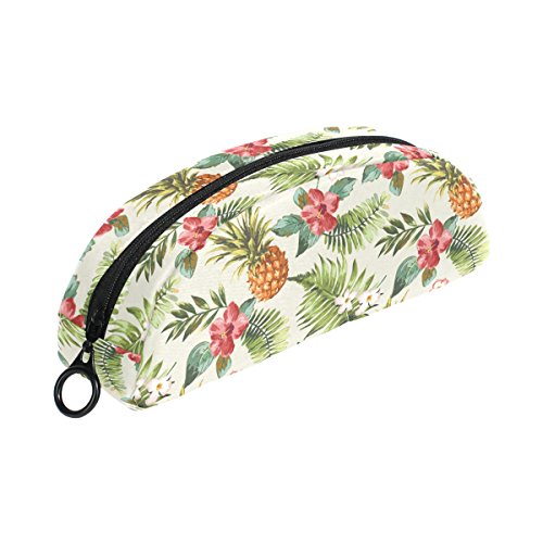 COOSUN - Estuche para lápices con diseño de flores tropicales y piña, semicircular, bolsa para bolígrafos, bolsa de maquillaje, bolsa de cosméticos para mujeres y niñas