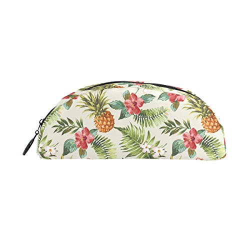 COOSUN - Estuche para lápices con diseño de flores tropicales y piña, semicircular, bolsa para bolígrafos, bolsa de maquillaje, bolsa de cosméticos para mujeres y niñas