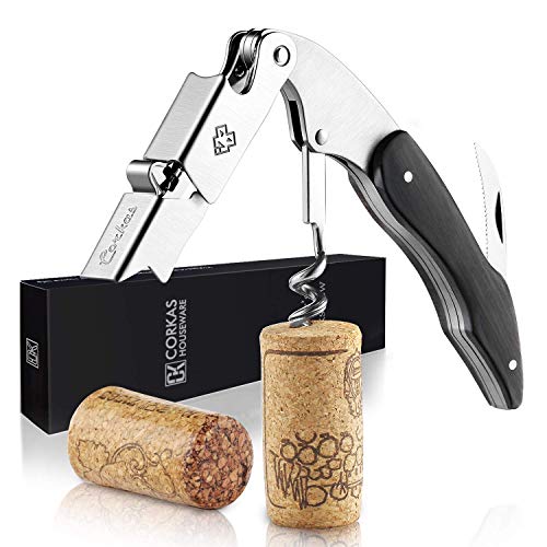 CORKAS Sacacorchos de Camarero, Abrebotellas, Sacacorchos Profesional, Foil Cortador, Sacacorchos Vino de Acero Inoxidable y con Cuchilla Cortacapsulas, Utensilios de Bar y Cocina