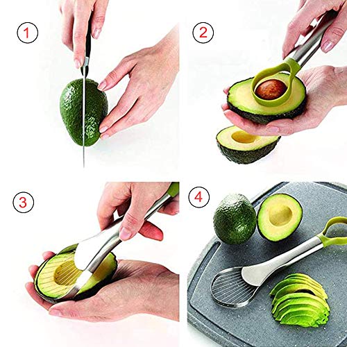 Cortador de aguacate – Pelador de aguacate, 24,3 x 6,3 cm, cortador de aguacate de hoja de acero inoxidable y mango de silicona verde un ayudante perfecto para ensaladas y sándwiches para hac