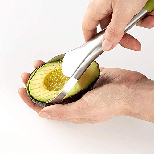 Cortador de aguacate – Pelador de aguacate, 24,3 x 6,3 cm, cortador de aguacate de hoja de acero inoxidable y mango de silicona verde un ayudante perfecto para ensaladas y sándwiches para hac