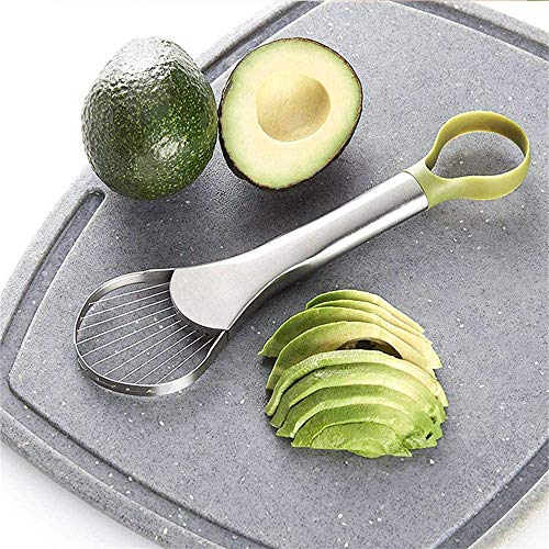 Cortador de aguacate – Pelador de aguacate, 24,3 x 6,3 cm, cortador de aguacate de hoja de acero inoxidable y mango de silicona verde un ayudante perfecto para ensaladas y sándwiches para hac