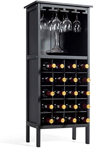 COSTWAY Botellero Vino con Soporte para 20 Botellas Madera Vino Estante Armario con Copa de Vino Colgante (Negro)