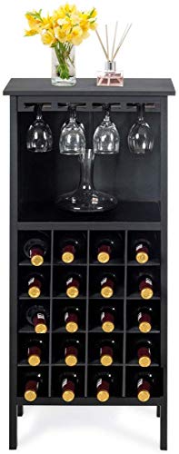 COSTWAY Botellero Vino con Soporte para 20 Botellas Madera Vino Estante Armario con Copa de Vino Colgante (Negro)