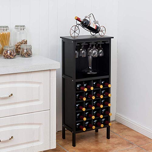 COSTWAY Botellero Vino con Soporte para 20 Botellas Madera Vino Estante Armario con Copa de Vino Colgante (Negro)