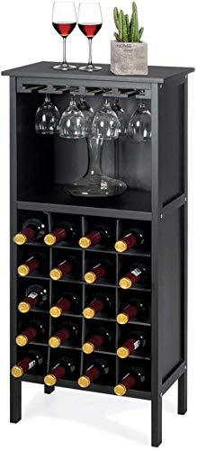 COSTWAY Botellero Vino con Soporte para 20 Botellas Madera Vino Estante Armario con Copa de Vino Colgante (Negro)