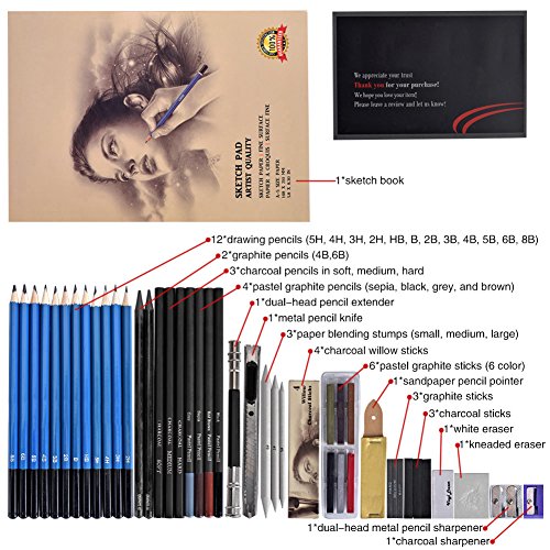 Cozywind 49pcs Lapices Dibujo Artístico Bosquejo Material Set,Incluye Lápices Pastel,Grafito,Carboncillos,Bloc,Caja Portátil