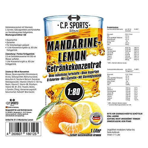 C.P.Sports Concentrado de bebida, Jarabe Bebida - 1, 2, 5, 10 litros, 1:80 + bomba dosificadora, 20 variedades, mineral beber con carnitina y vitaminas sin azúcar