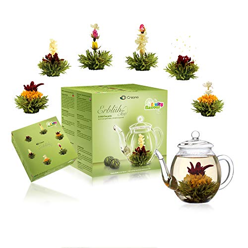 Creano Teeblumen Mix – Set de regalo con jarra de cristal té verde afrutado (en 6 variedades)