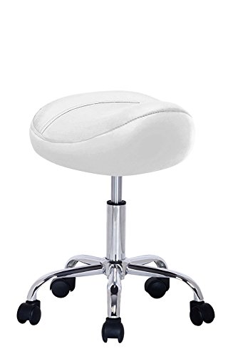 Crisnails® Taburete de Peluquería, Silla de Peluquería, Asiento de Material Cuero Sintético y Diseño Ergonómico, Altura Regulable, Giratorio 360º y Base Estable con 5 Rueditas, Color Blanco