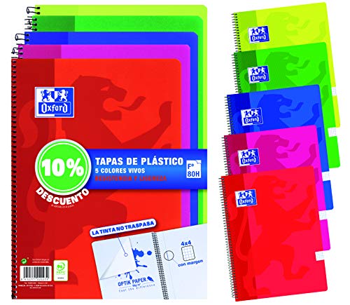 Cuadernos Folio(A4) Oxford. Pack 5 unidades. Tapa Plástico. 80 Hojas cuadrícula 4x4. Surtido colores vivos.