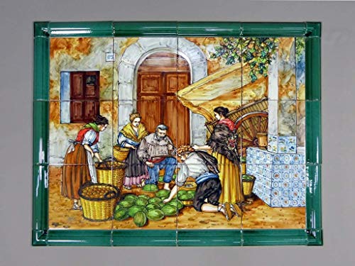 Cuadro de Cerámica «Mercado de Madrid» - Cuadro en Azulejos Cerámicos Hechos y Pintados a Mano - Cuadro Mural Cerámica Artesanal