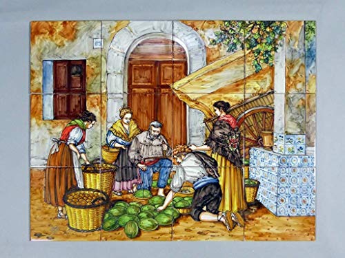 Cuadro de Cerámica «Mercado de Madrid» - Cuadro en Azulejos Cerámicos Hechos y Pintados a Mano - Cuadro Mural Cerámica Artesanal