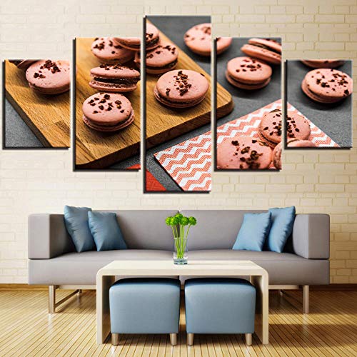 Cuadro de decoración del hogar Mural Restaurante Cocina Póster Rosa Macarons Imagen de postre 5 piezas Comida y bebida Lienzo impreso en HD Rkmaster