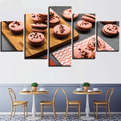 Cuadro de decoración del hogar Mural Restaurante Cocina Póster Rosa Macarons Imagen de postre 5 piezas Comida y bebida Lienzo impreso en HD Rkmaster