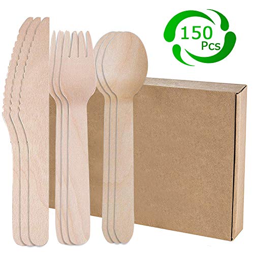 Cubertería de Madera Desechable,Utensilios Biodegradables para Fiestas, Camping, Picnic, Barbacoa, Evento - 50 Tenedores de Madera, 50 Cuchillos de Madera, 50 Cucharas de Madera