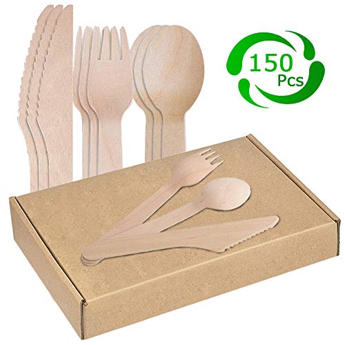 Cubertería de Madera Desechable,Utensilios Biodegradables para Fiestas, Camping, Picnic, Barbacoa, Evento - 50 Tenedores de Madera, 50 Cuchillos de Madera, 50 Cucharas de Madera