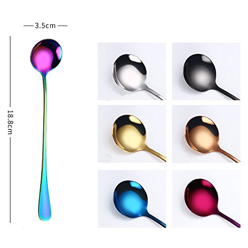 Cucharas de café Rainbow,ZARLLE Cucharas de Mango Largo Plateada Colorida del Titanio del Acero Inoxidable, Cuchara del Helado, la cucharilla del Postre