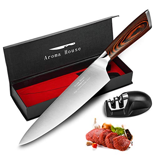 Cuchillo Chef de 20 cm, Cuchillos de cocina profesionales de acero inoxidable alemán, Cuchillo de cocina de verduras de carne con mango ergonómico Pakkawood antideslizante, Caja de regalo …