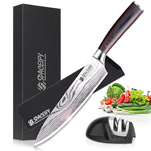 Cuchillo de chef SPACEIFY 8 pulgadas Cuchillo de cocina con afilador de cuchillos, juego de cuchillos de acero inoxidable alemán con mango ergonómico, cuchillos de cocina para cocina profesional