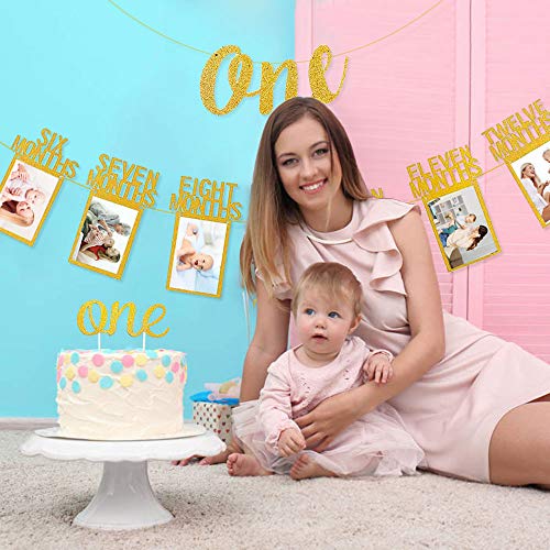 Cumpleaños Foto Banner, Primer banner de fotos de cumpleaños 1 año, 12 meses fotografía mensual Guirnalda del empavesado, ONE banner, ONE adorno de pastel para Decoración de primer cumpleaños-Oro