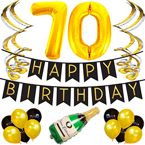 Cumpleaños Número 70 – Paquete con Banderín de Feliz Cumpleaños Negro y Dorado, Pompones y Serpentinas - Decoración para Cumpleaños – Artículos para la Fiesta de Cumpleaños Número 70