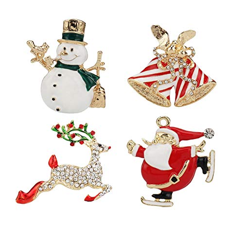 CZZ Broche 4pcs Navidad, Pin Rhinestone Crystal muñeco de Nieve, Ciervos, Bell Santa, Navidad Broche Relleno for Media de la Navidad