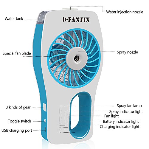 D-FantiX USB Ventilador de Mano con Baterías Portátiles Nebulizadores de Agua Ventilador de refrigeración para el Viaje, el hogar y la Oficina (Azul)