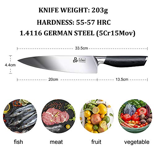 DDF iohEF Cuchillo de Cocina Profesional 20 cm, Cuchillo de Chef de Acero Inoxidable Alemán, Cuchillo de Chef Japonés con Hoja Fina Súper Afilada, Mango de Madera Ergonómico Resistente al Agua