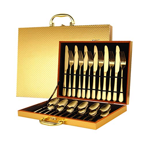 DDPHC 24pcs / Lot Juego de Tenedor de Cuchillo de Filete de Acero Inoxidable Dorado Conjunto de Cubiertos de Oro con Caja de Regalo de Madera