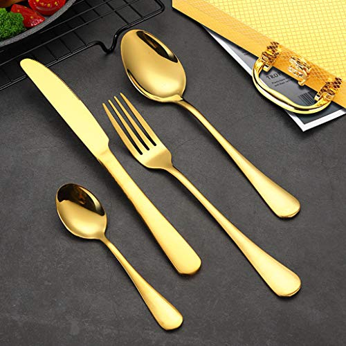 DDPHC 24pcs / Lot Juego de Tenedor de Cuchillo de Filete de Acero Inoxidable Dorado Conjunto de Cubiertos de Oro con Caja de Regalo de Madera