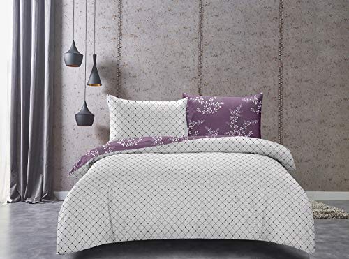 DecoKing Premium Ropa de Cama 140x200 cm 1 Funda de la Almohada 70x90 cm Funda Nórdica Microfibra Flor Planta Violeta Morado Lila Ciruela Blanco Calluna Hypnosis Collection