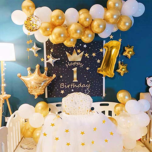 Decoración cumpleaños 1 año, globos de FELIZ CUMPLEAÑOS oro, globos de blanco oro metálico, globo de aluminio número 1, globos de estrellas, pancarta de estrellas doradas, ONE Cake Topper