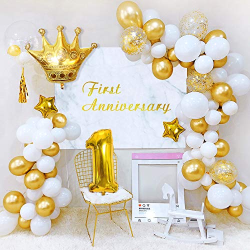 Decoración cumpleaños 1 año, globos de FELIZ CUMPLEAÑOS oro, globos de blanco oro metálico, globo de aluminio número 1, globos de estrellas, pancarta de estrellas doradas, ONE Cake Topper